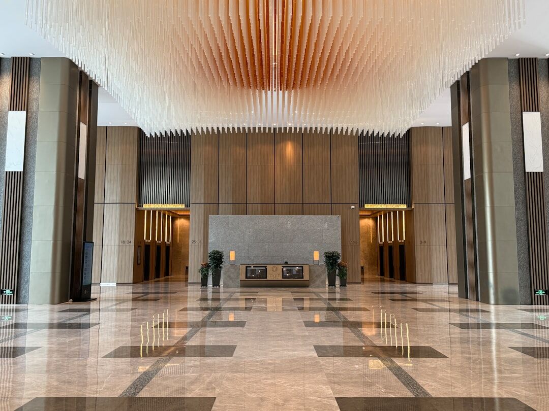 Modern media company reception desk and lobby